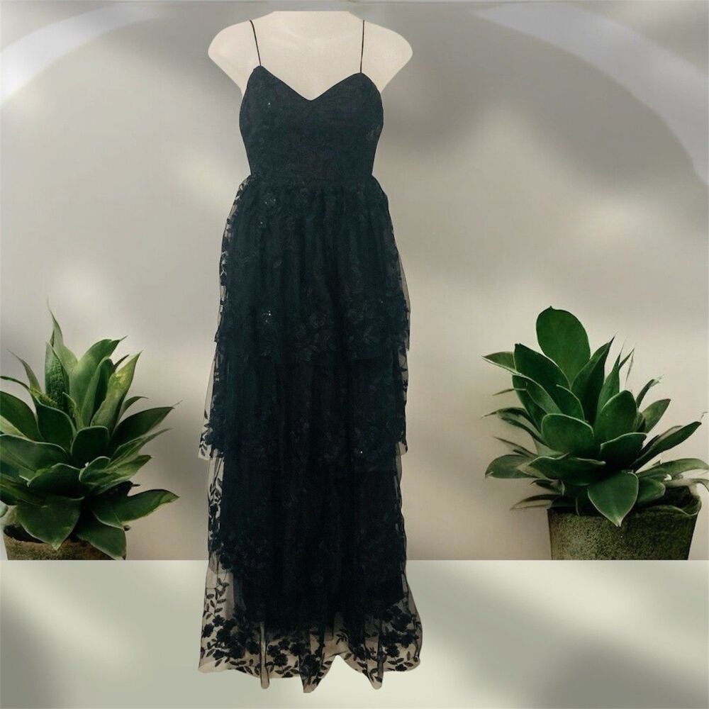 ALTAR'D STATE Womens XS Rue Sequin Lace Maxi Dress Lined Sleeveless Summer Black